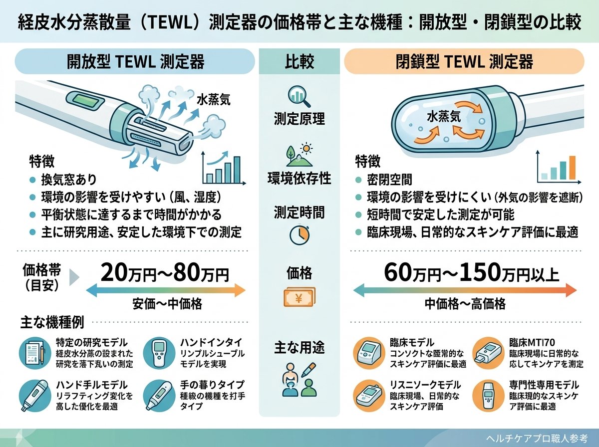 経皮水分蒸散量測定器の価格帯と主な機種：開放型・閉鎖型の違いを比較