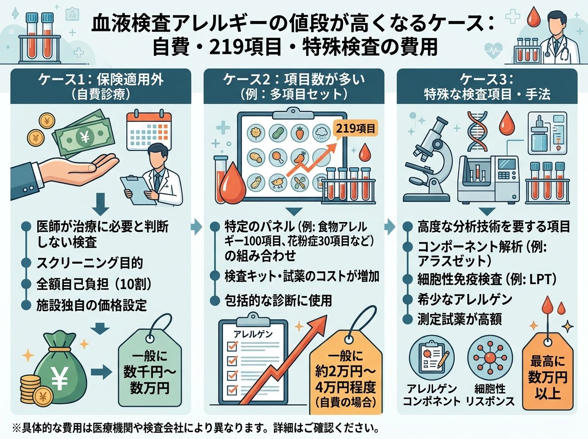 血液検査アレルギーの値段が高くなるケース:自費・219項目・特殊検査の費用