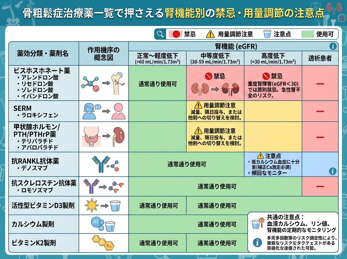 骨粗鬆症治療薬一覧で押さえる腎機能別の禁忌・用量調節の注意点