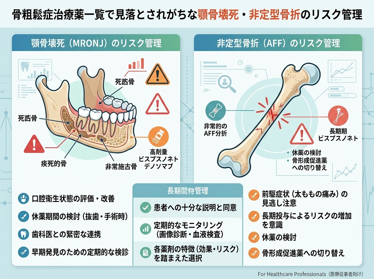 骨粗鬆症治療薬一覧で見落とされがちな顎骨壊死・非定型骨折のリスク管理