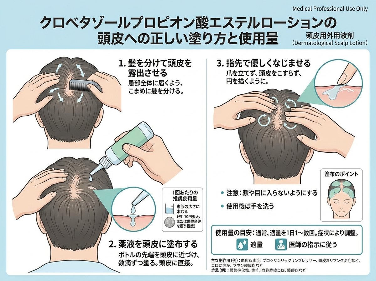 クロベタゾールプロピオン酸エステルローションの頭皮への正しい塗り方と使用量