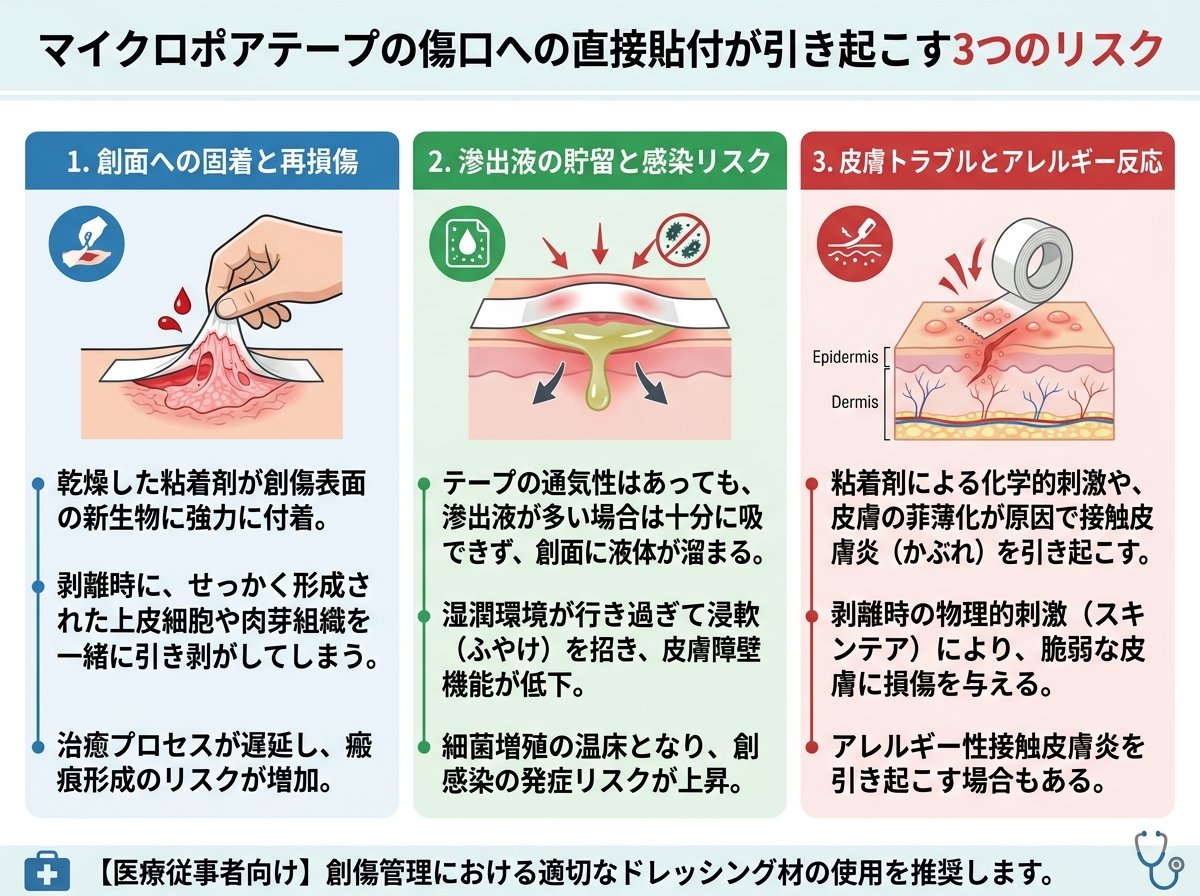 マイクロポアテープの傷口への直接貼付が引き起こす3つのリスク