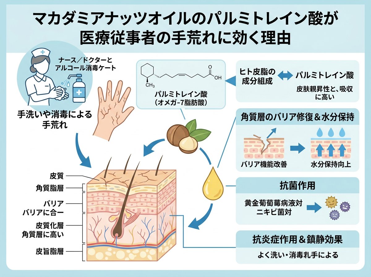 マカダミアナッツオイルのパルミトレイン酸が医療従事者の手荒れに効く理由