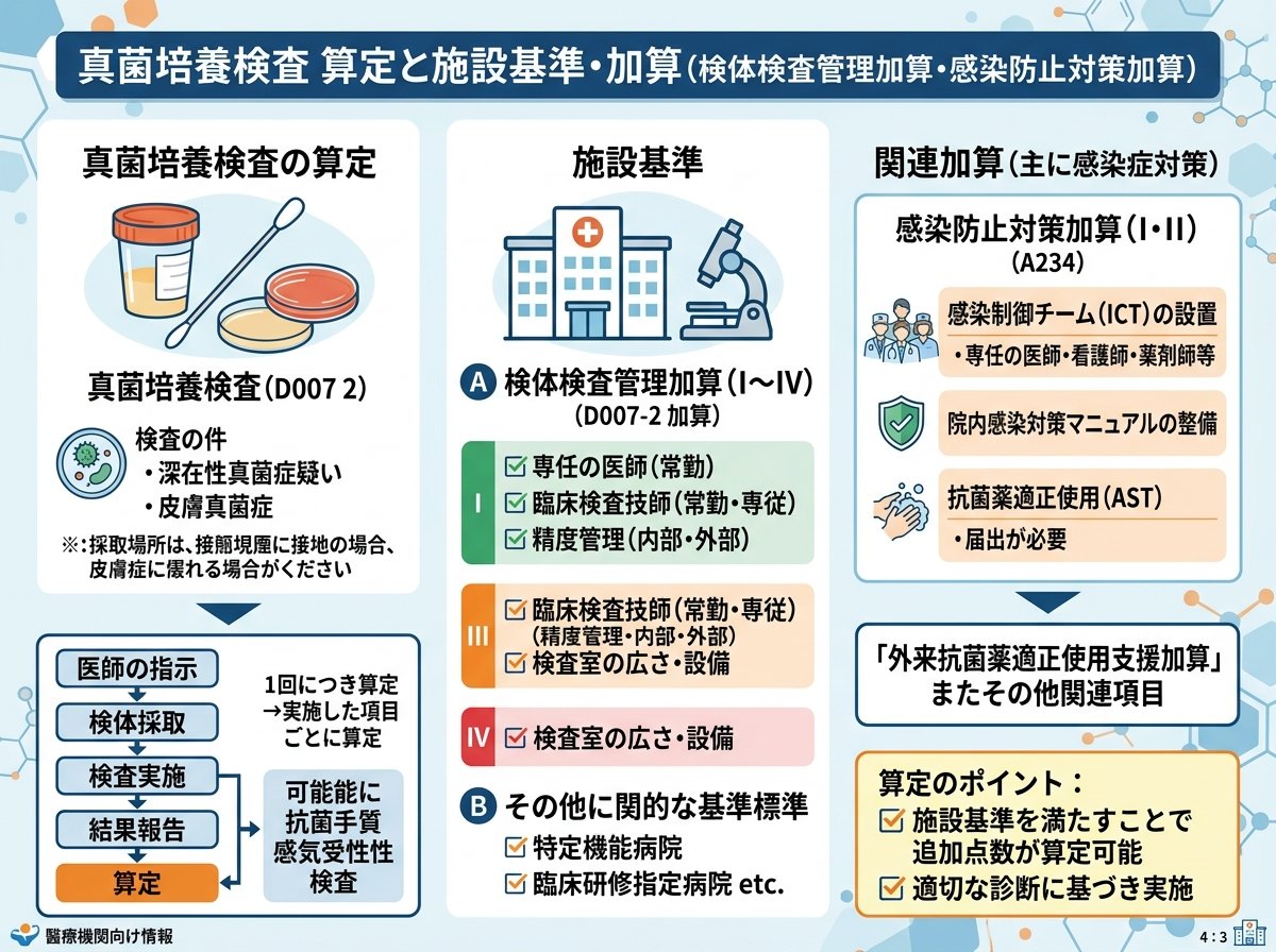 真菌培養検査 算定と施設基準・加算(検体検査管理加算・感染防止対策加算)