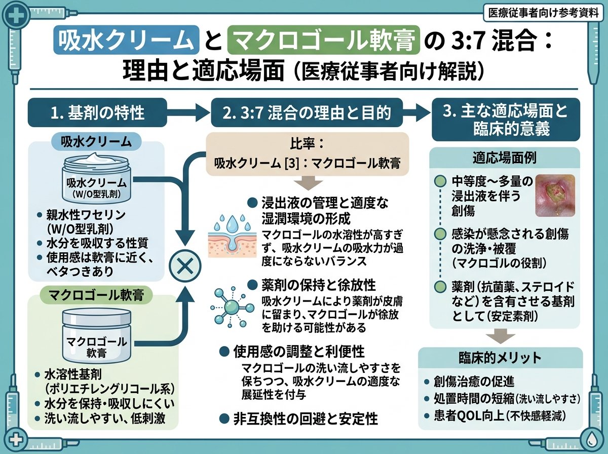 吸水クリームとマクロゴール軟膏を3:7で混合する理由と適応場面