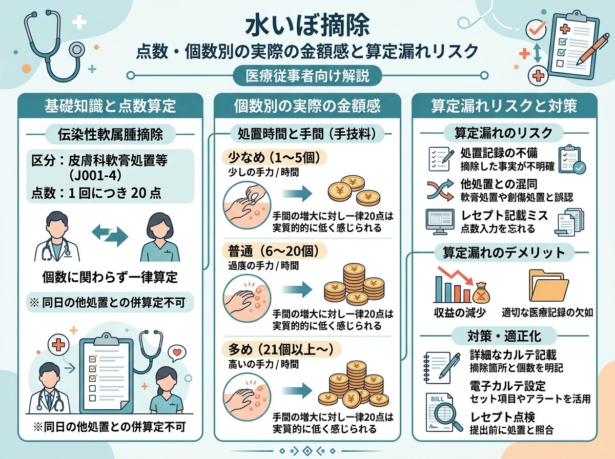 水いぼ摘除 点数 個数別の実際の金額感と算定漏れリスク