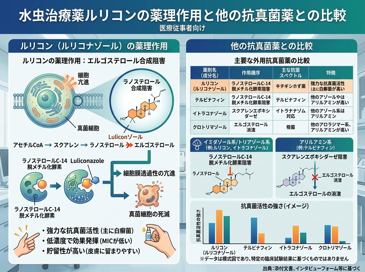 水虫の治療薬ルリコンの薬理作用と他の抗真菌薬との比較
