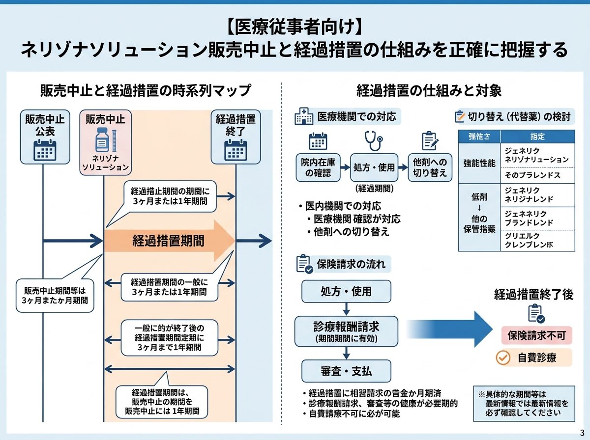 ネリゾナソリューション販売中止と経過措置の仕組みを正確に把握する