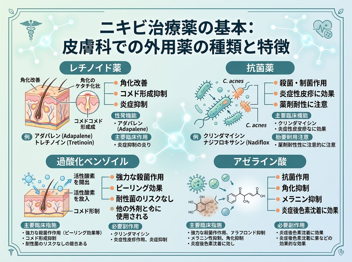 ニキビ治療薬の基本:皮膚科での外用薬の種類と特徴