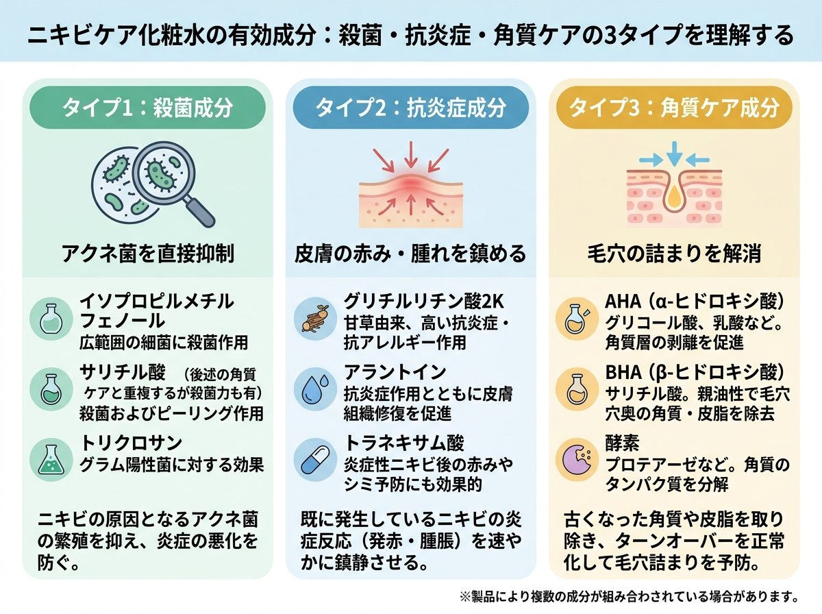 ニキビケア化粧水の有効成分:殺菌・抗炎症・角質ケアの3タイプを理解する