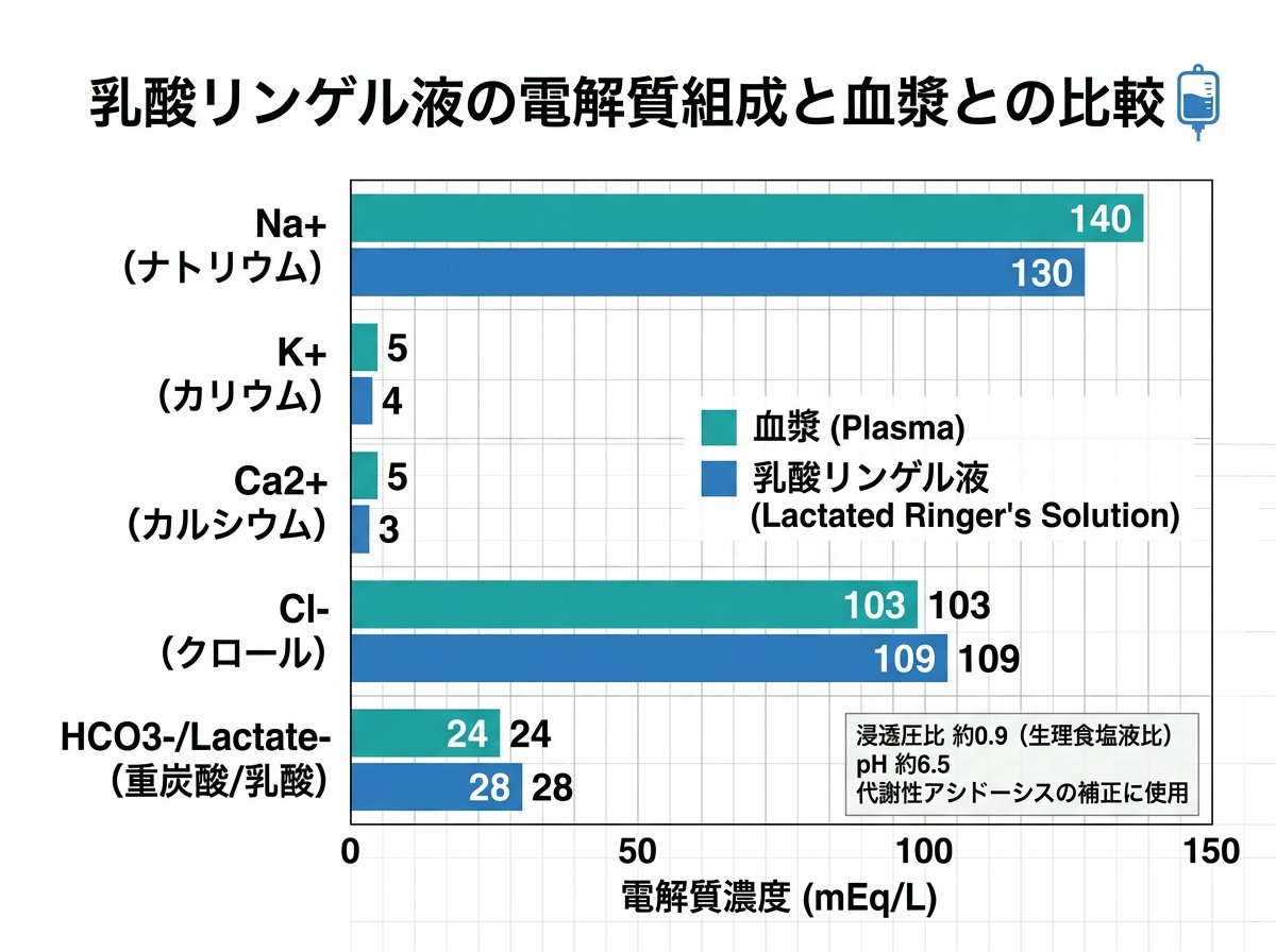 乳酸リンゲル液の電解質組成と血漿との比較