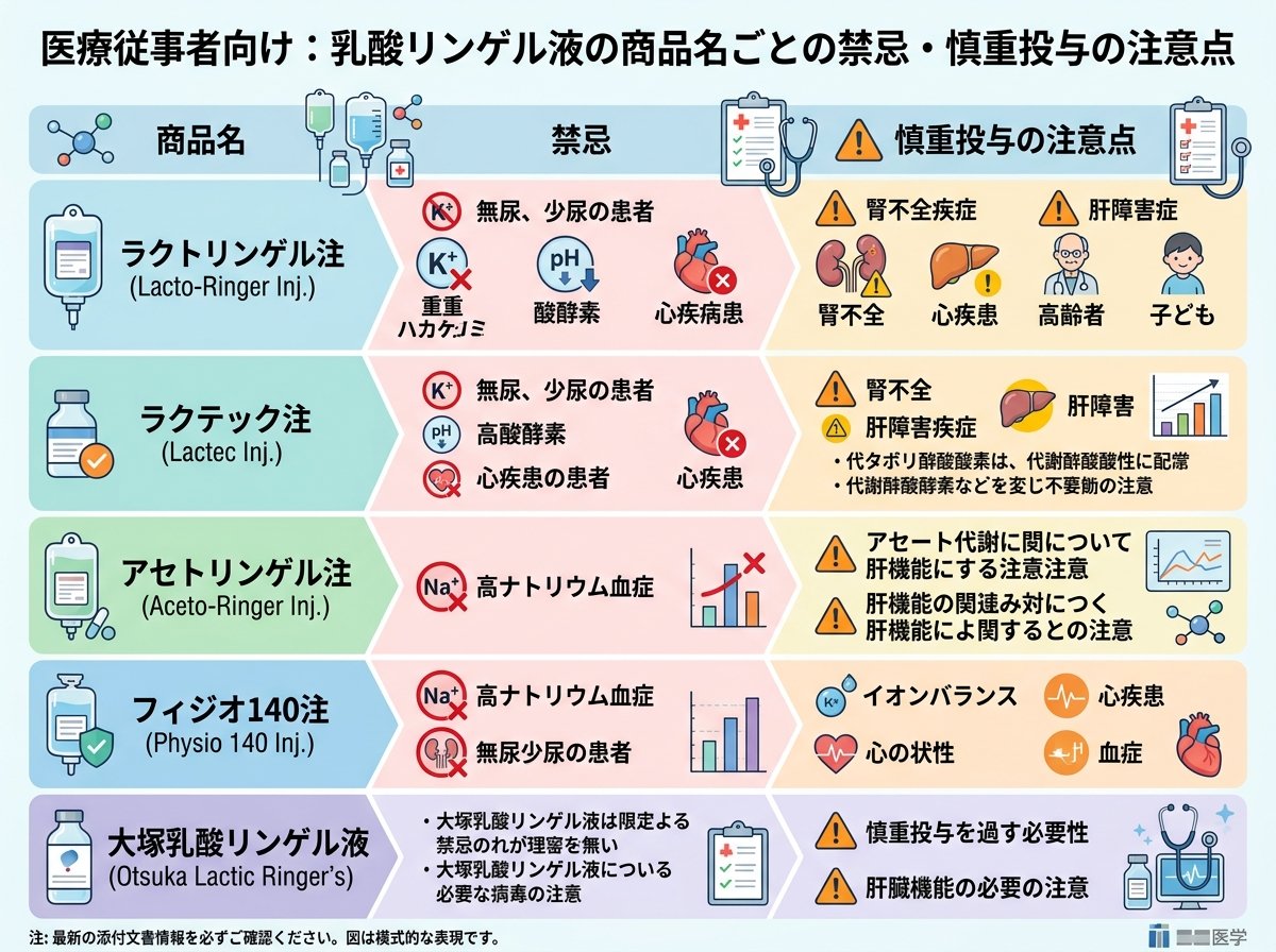 乳酸リンゲル液の商品名ごとの禁忌・慎重投与の注意点