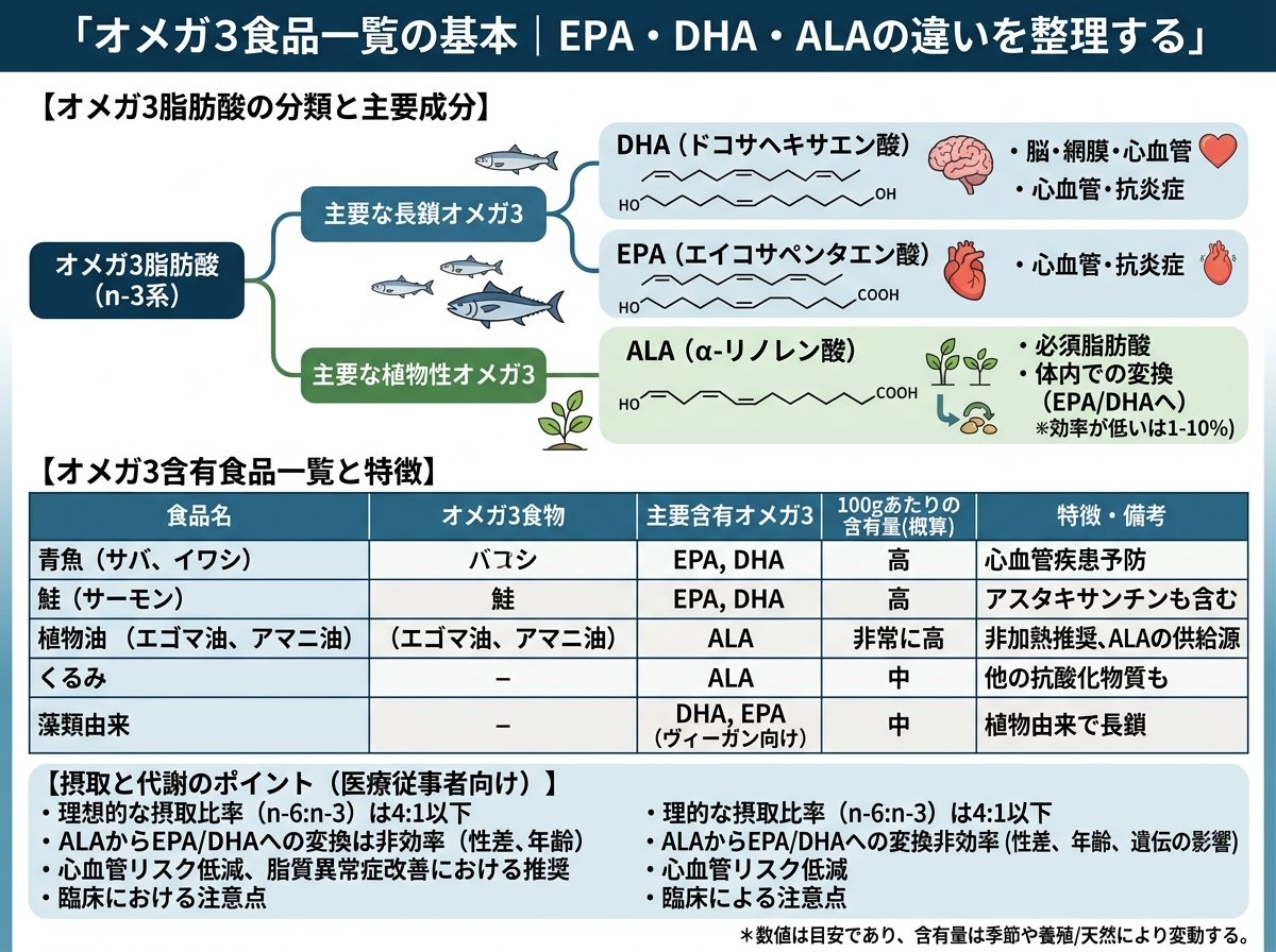 オメガ3食品一覧の基本｜EPA・DHA・ALAの違いを整理する