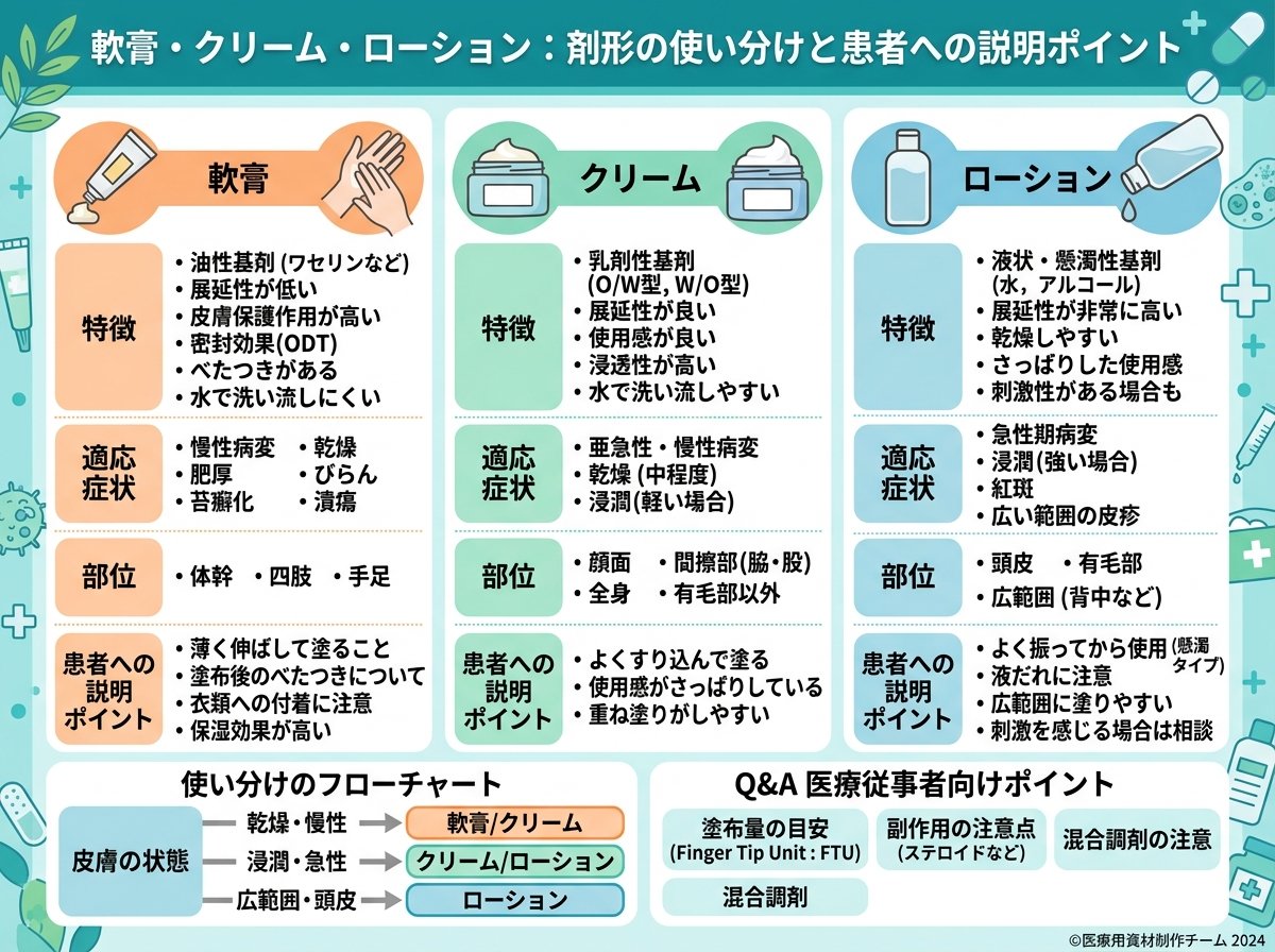軟膏・クリーム・ローション:剤形の使い分けと患者への説明ポイント