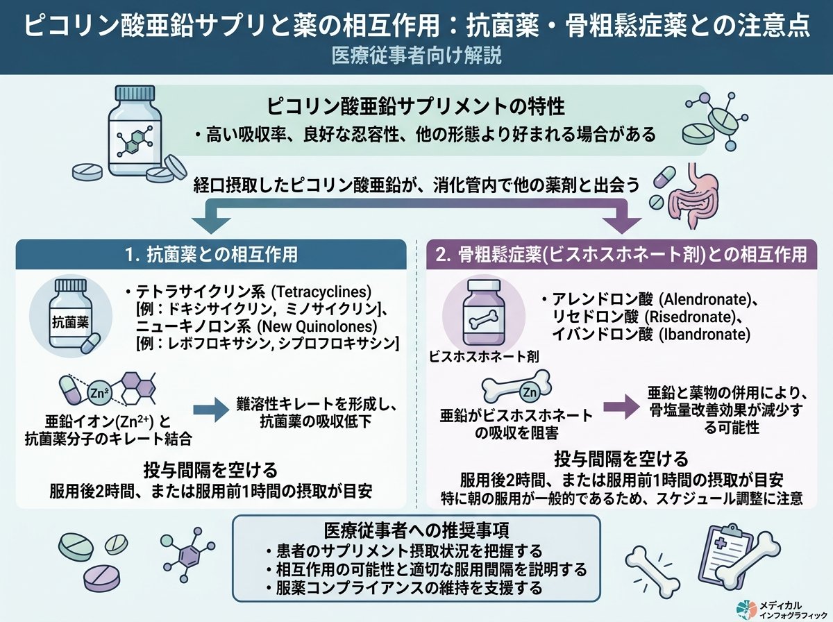 ピコリン酸亜鉛サプリと薬の相互作用:抗菌薬・骨粗鬆症薬との注意点