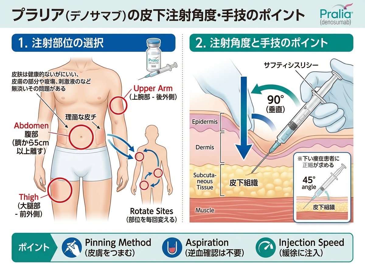 プラリア皮下注の手技における注射部位の選択と角度のポイント