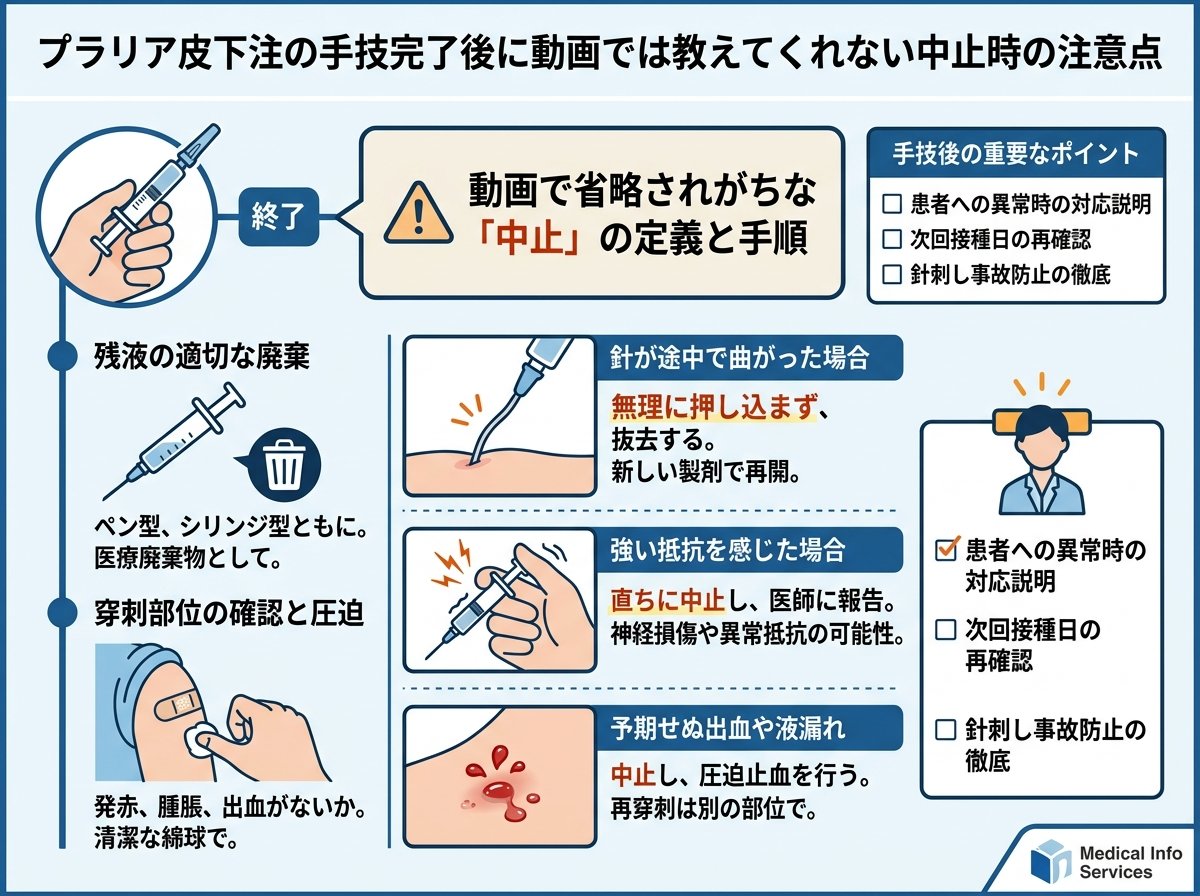 プラリア皮下注の手技完了後に動画では教えてくれない中止時の注意点