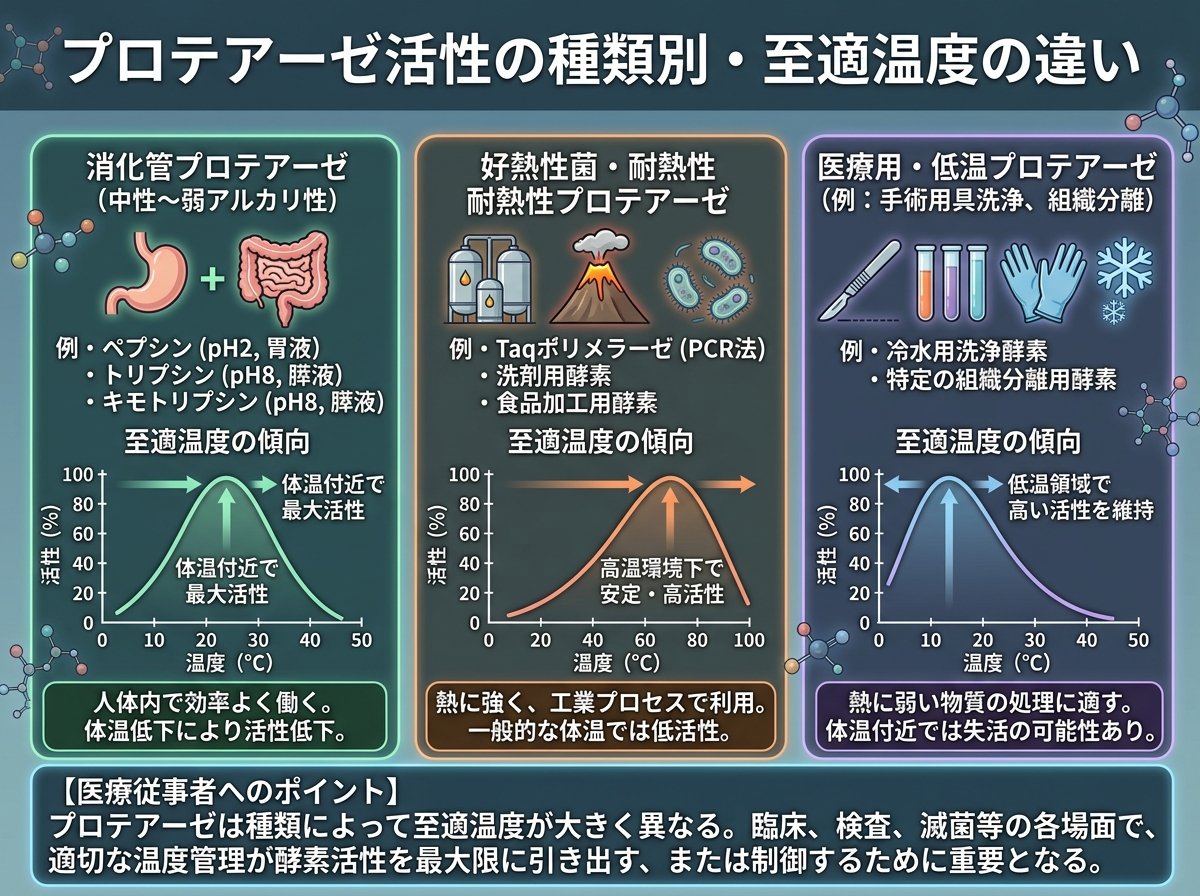 プロテアーゼ活性の種類別・至適温度の違い