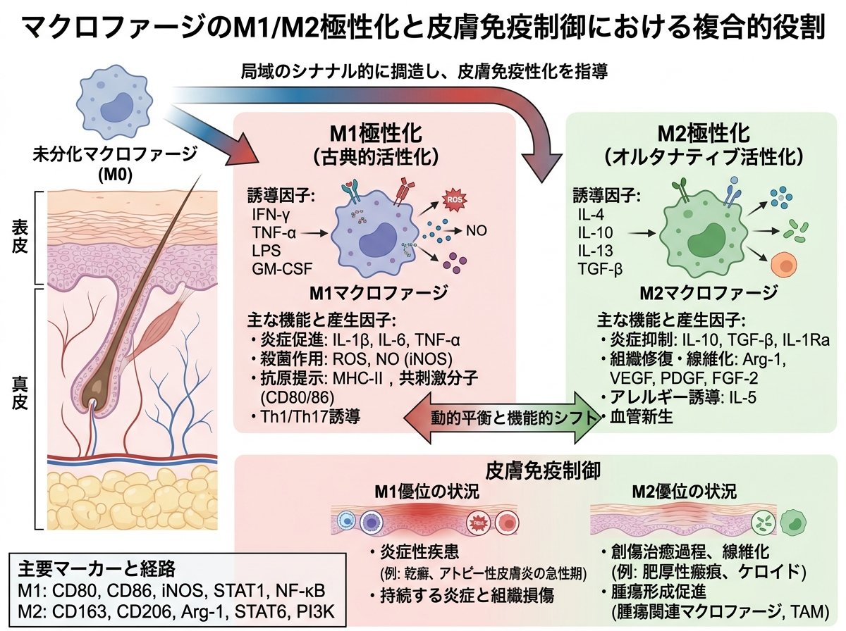 マクロファージのM1/M2極性化と皮膚免疫制御における複合的役割