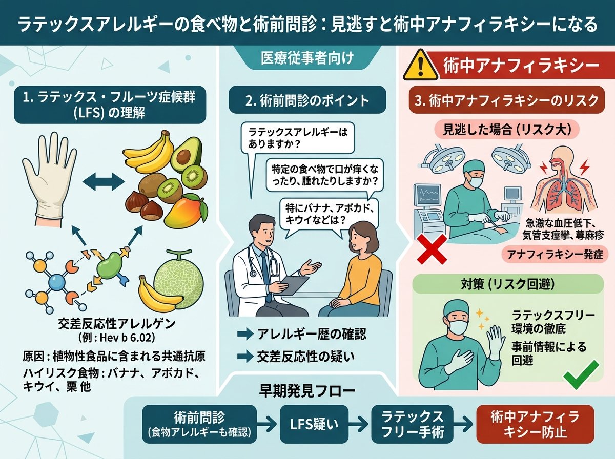 ラテックスアレルギーの食べ物と術前問診：見逃すと術中アナフィラキシーになる