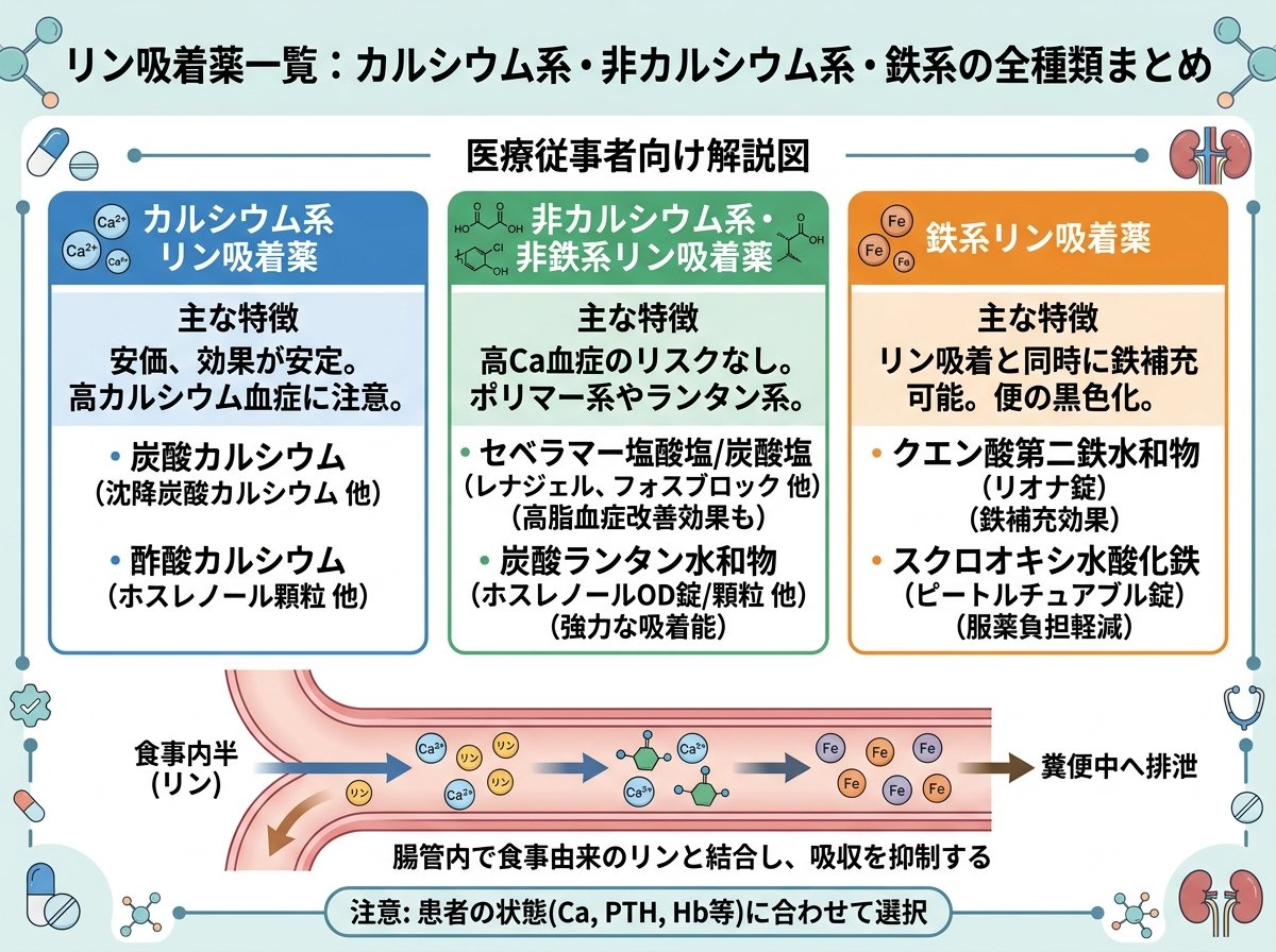リン吸着薬一覧:カルシウム系・非カルシウム系・鉄系の全種類まとめ