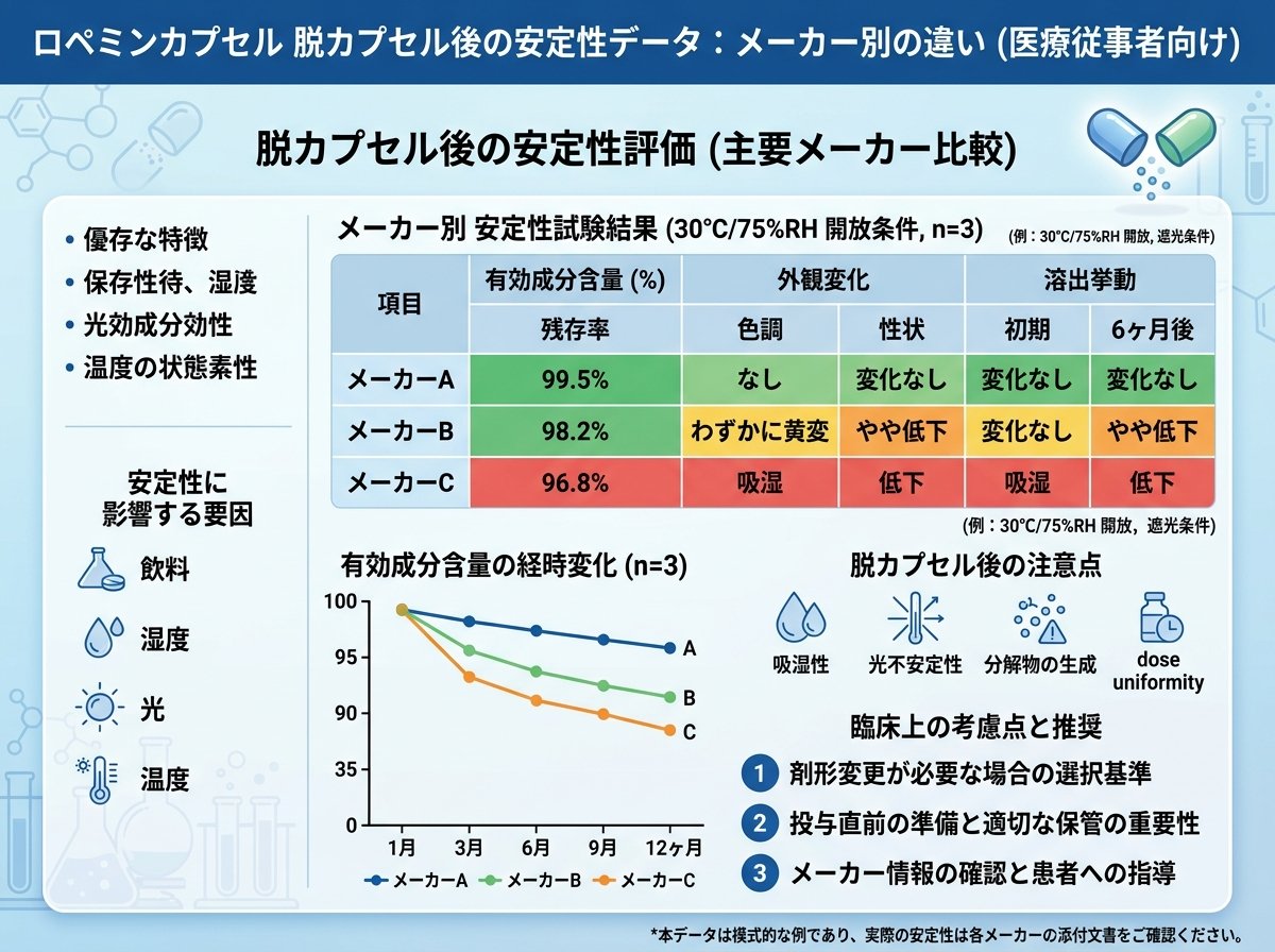 ロペミンカプセル脱カプセル後の安定性データ:メーカー別の違い