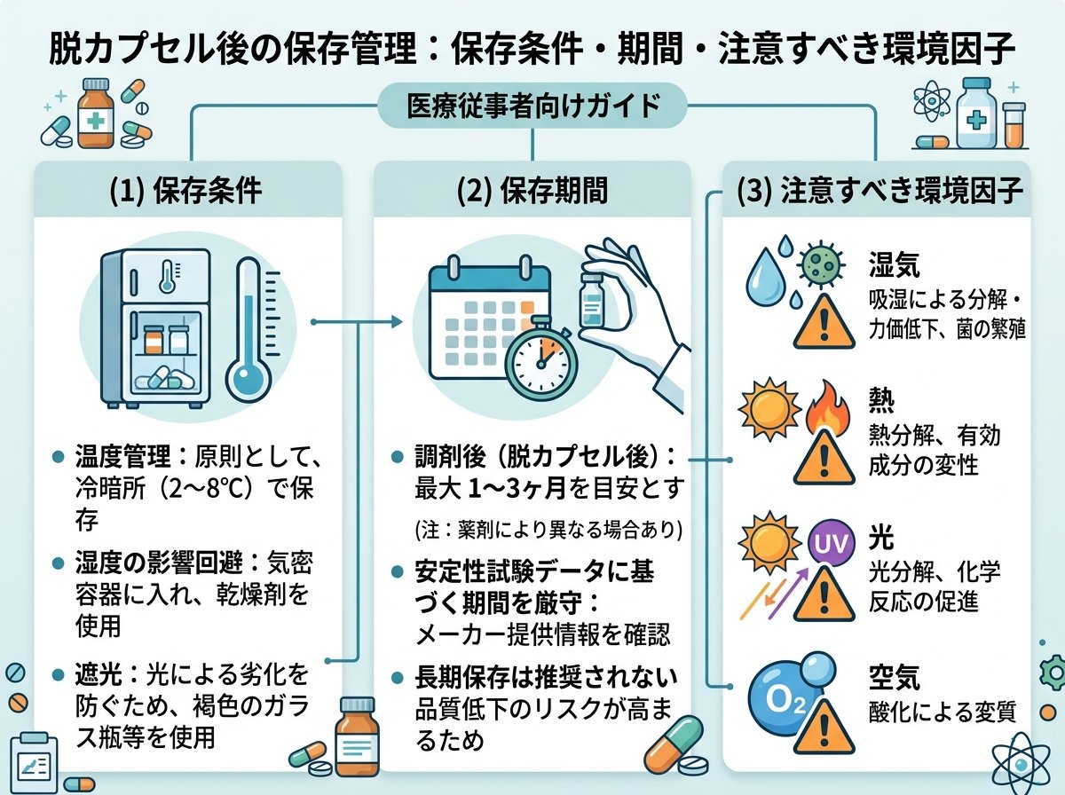 脱カプセル後の保存管理:保存条件・期間・注意すべき環境因子