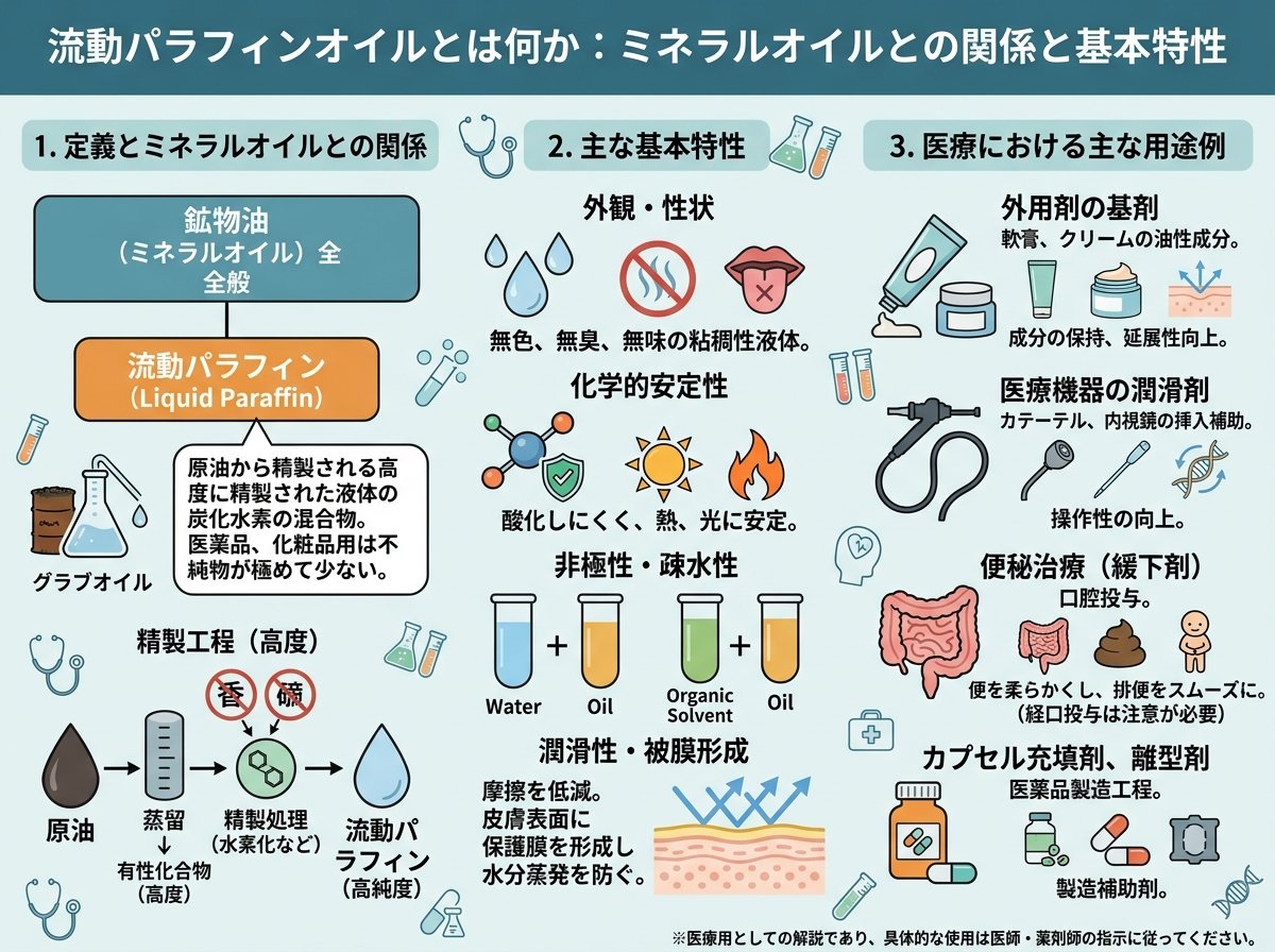 流動パラフィン オイルとは何か:ミネラルオイルとの関係と基本特性