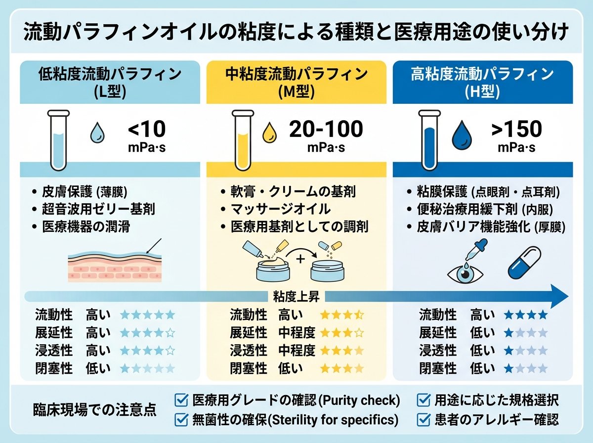 流動パラフィン オイルの粘度による種類と医療用途の使い分け