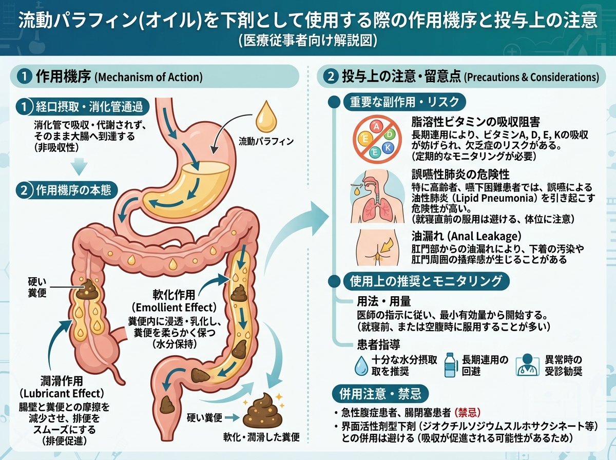 流動パラフィン オイルを下剤として使用する際の作用機序と投与上の注意