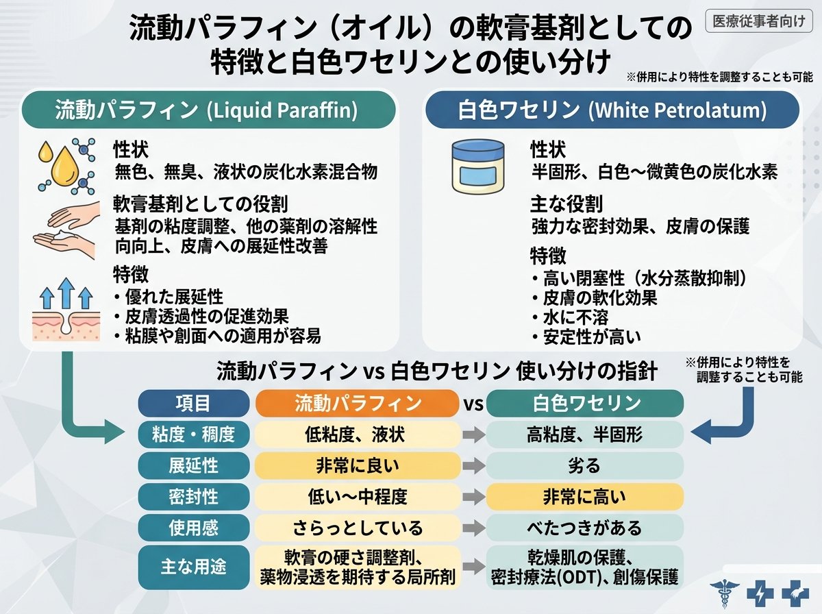 流動パラフィン オイルの軟膏基剤としての特徴と白色ワセリンとの使い分け
