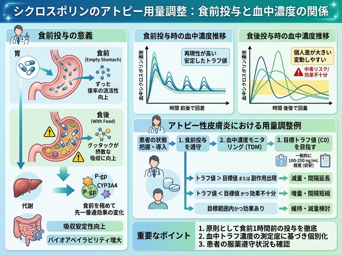 シクロスポリンのアトピー用量調整:食前投与と血中濃度の関係
