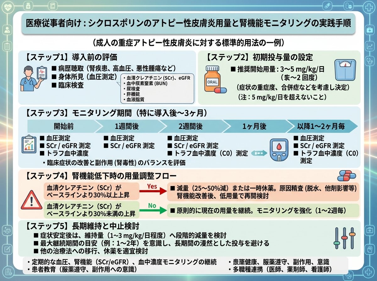 シクロスポリンのアトピー用量と腎機能モニタリングの実践手順