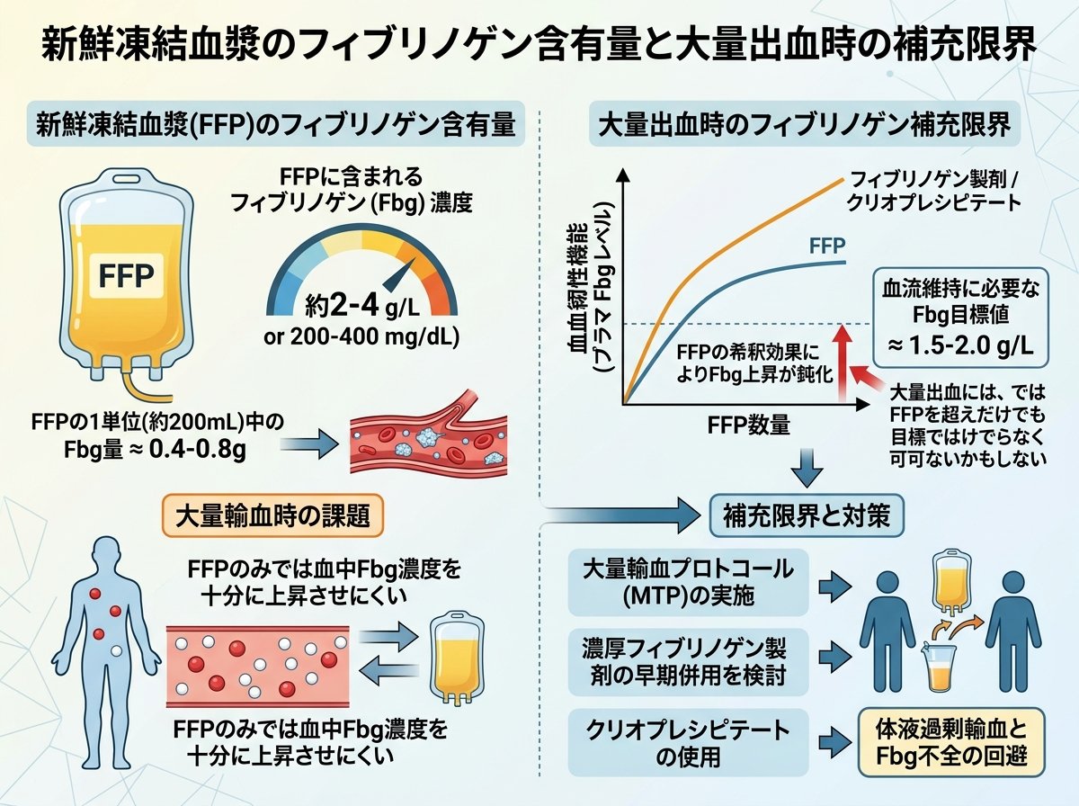 新鮮凍結血漿のフィブリノゲン含有量と大量出血時の補充限界