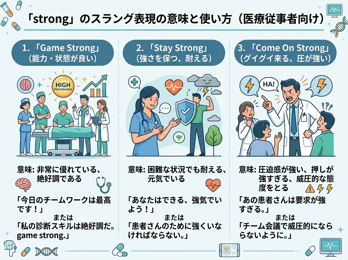 strongのスラング表現「game strong」「stay strong」「come on strong」の意味と使い方