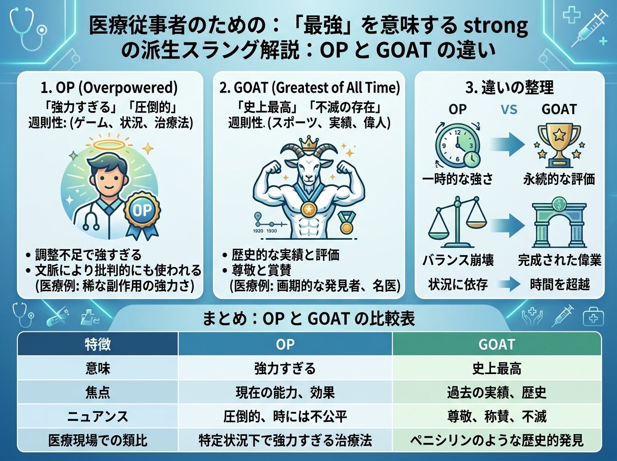 「最強」を意味するstrongの派生スラング:OP・GOATとの違い