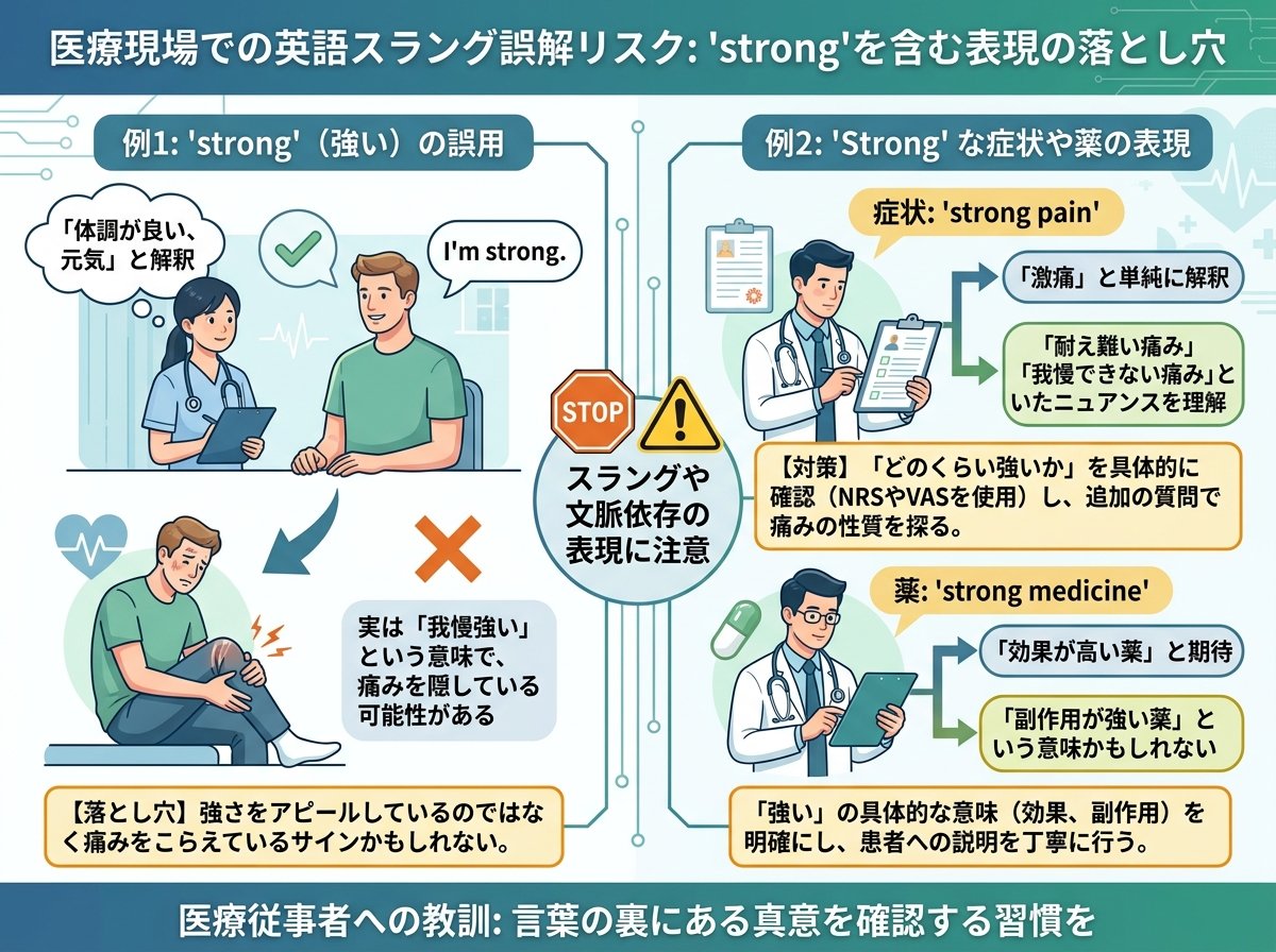 医療現場での英語スラング誤解リスク:strongを含む表現の落とし穴