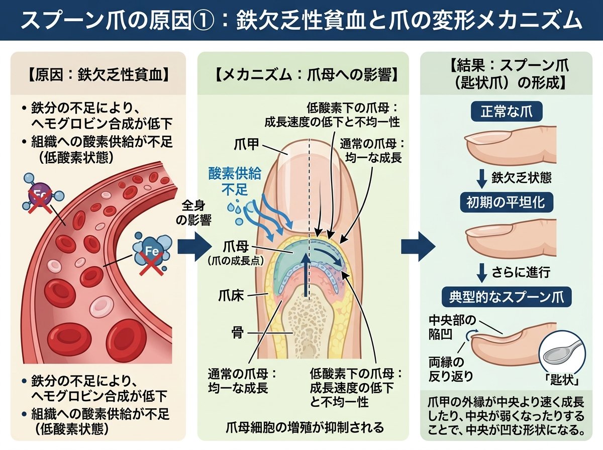 スプーン爪の原因①:鉄欠乏性貧血と爪の変形メカニズム