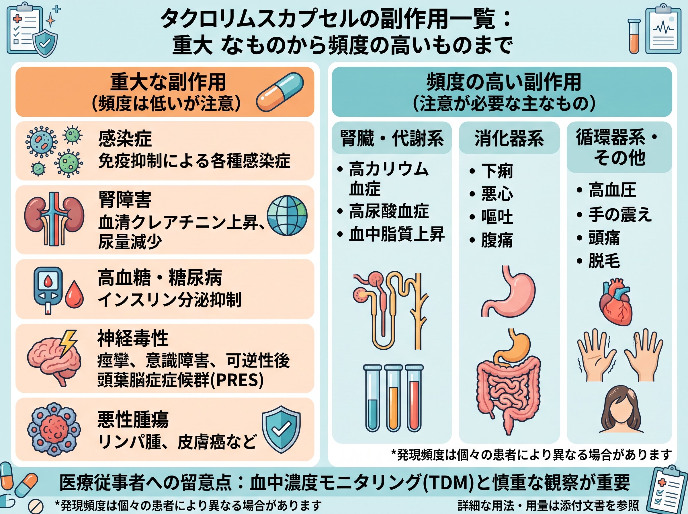 タクロリムスカプセルの副作用一覧:重大なものから頻度の高いものまで