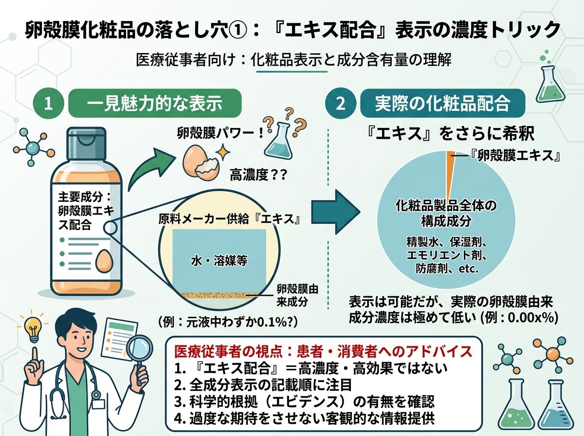 卵殻膜化粧品の落とし穴①「エキス配合」表示の濃度トリック