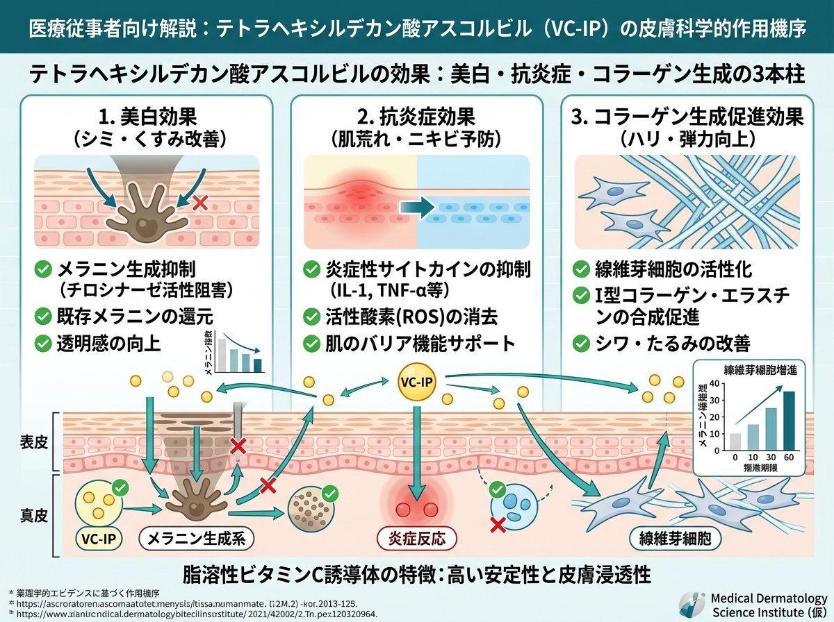 テトラヘキシルデカン酸アスコルビルの効果:美白・抗炎症・コラーゲン生成の3本柱