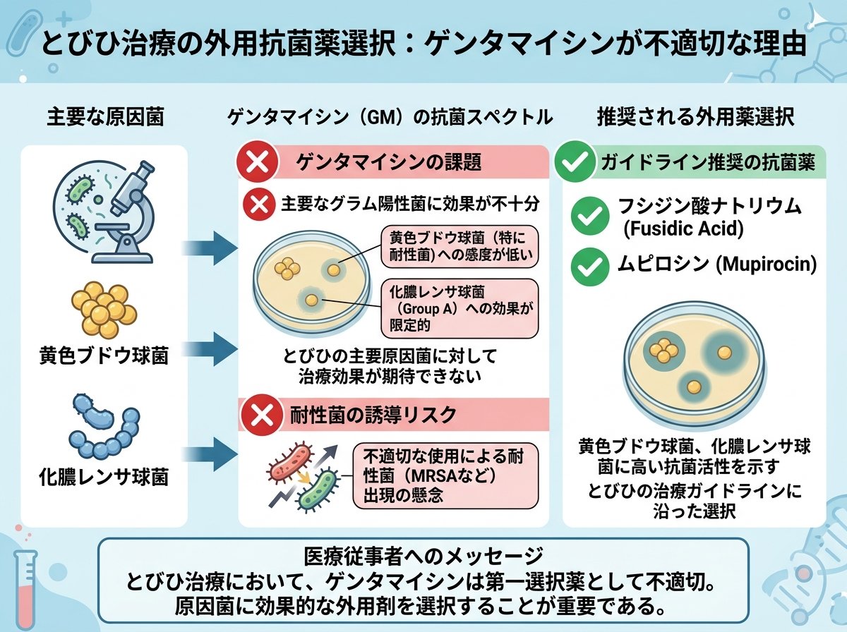 とびひ治療の外用抗菌薬選択：ゲンタマイシンが不適切な理由