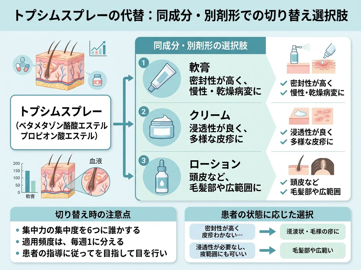 トプシムスプレーの代替：同成分・別剤形での切り替え選択肢