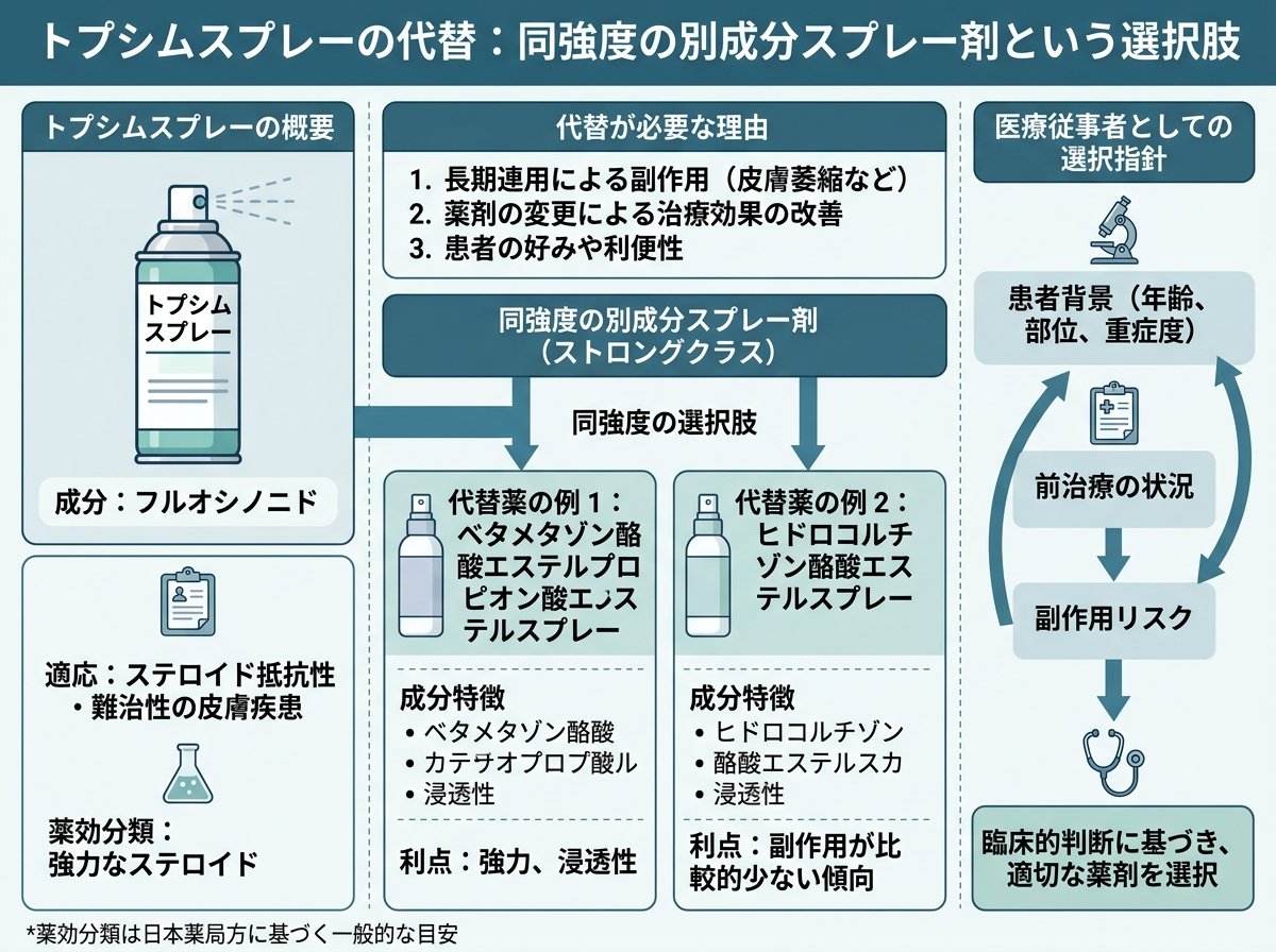 トプシムスプレーの代替：同強度の別成分スプレー剤という選択肢