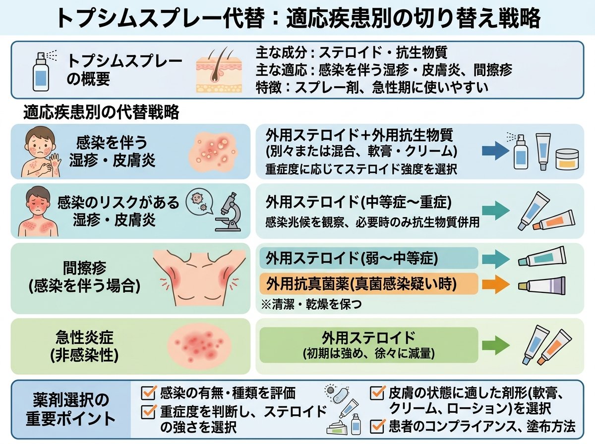 トプシムスプレー代替：適応疾患別の切り替え戦略