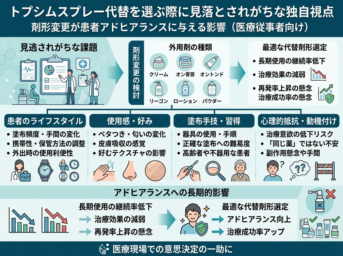 トプシムスプレー代替を選ぶ際に見落とされがちな独自視点：剤形変更が患者アドヒアランスに与える影響