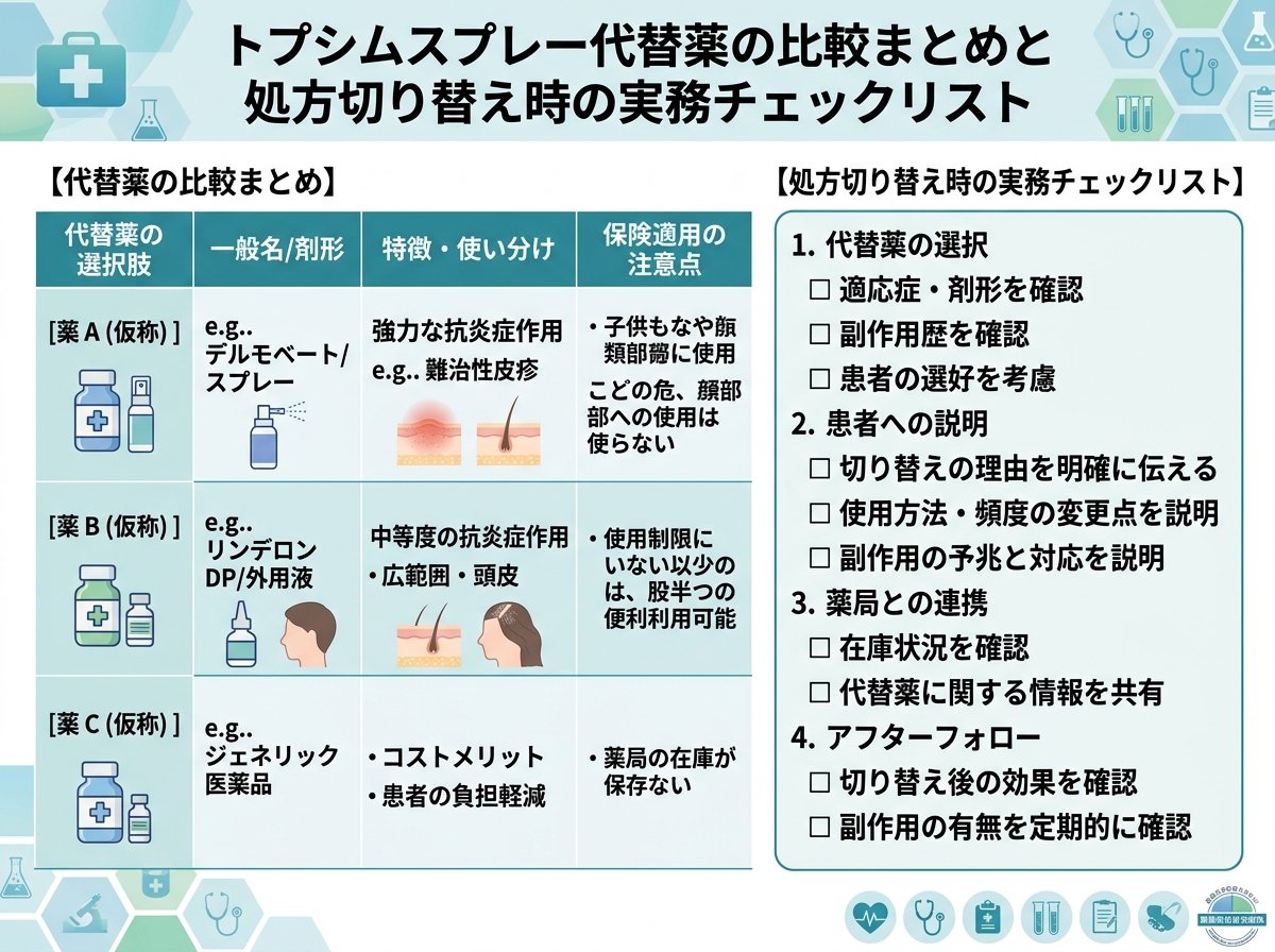 トプシムスプレー代替薬の比較まとめと処方切り替え時の実務チェックリスト