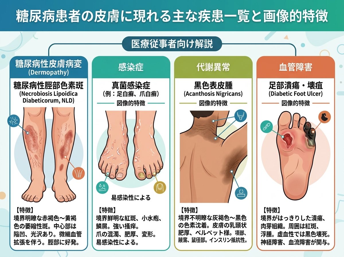 糖尿病患者の皮膚に赤い斑点が現れる主な疾患一覧と画像的特徴