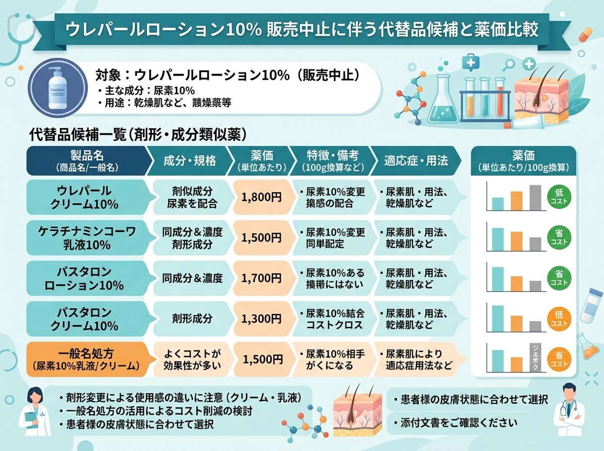 ウレパールローション販売中止の代替品候補と薬価比較