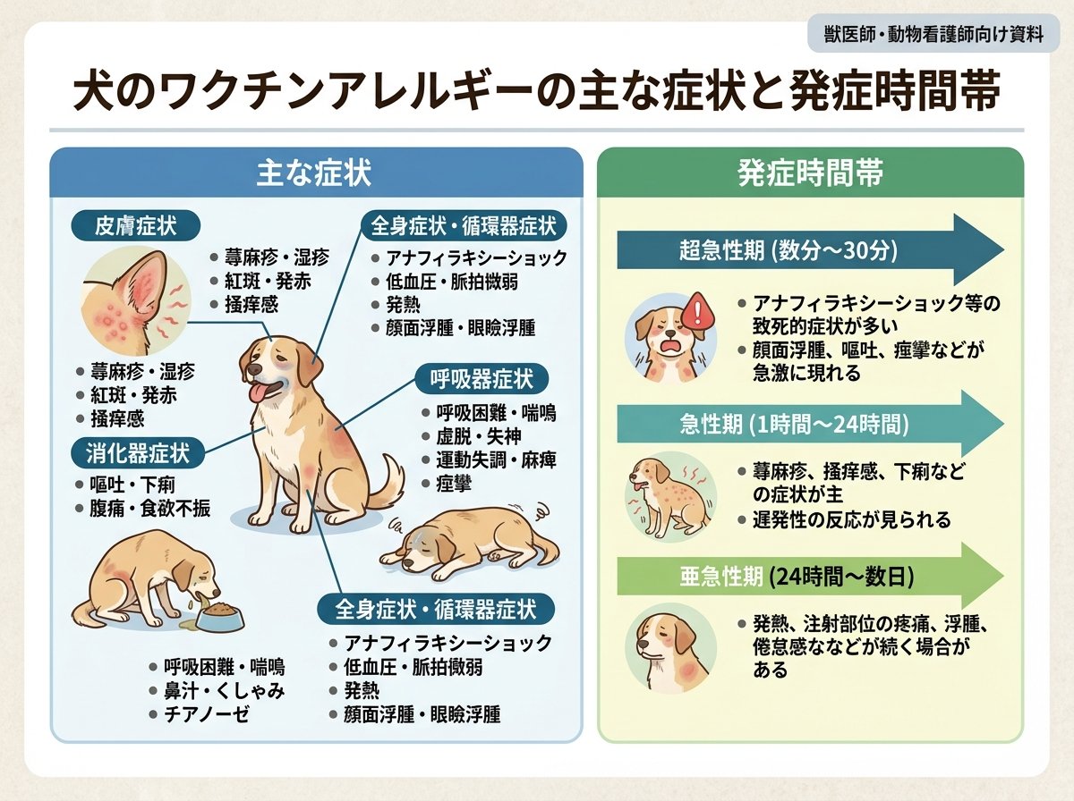 犬のワクチンアレルギーの主な症状と発症時間帯